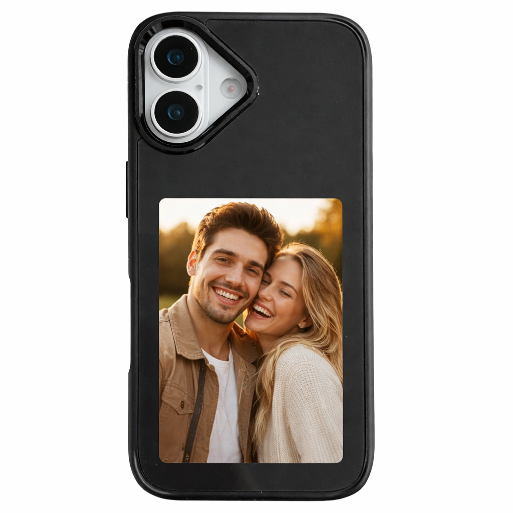 Black iPhone 17 custom photo phone case with a personalized couple picture insert, slim protective case with photo display window.