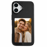 Black iPhone 17 custom photo phone case with a personalized couple picture insert, slim protective case with photo display window.