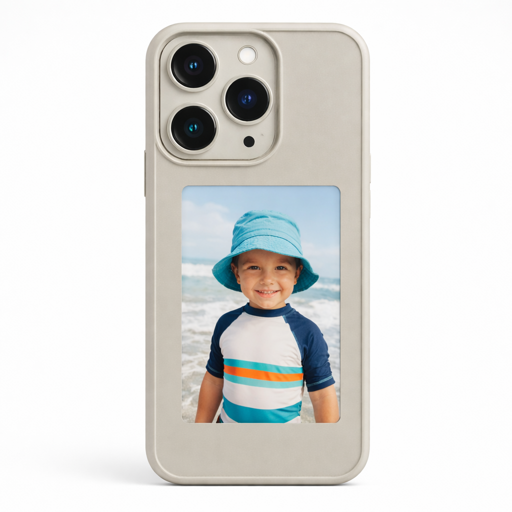 Grey NFC powered custom photo display phone case showing beach photo – compatible with iPhone 13, 14, 15, 16 Pro and Pro Max