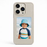Grey NFC powered custom photo display phone case showing beach photo – compatible with iPhone 13, 14, 15, 16 Pro and Pro Max