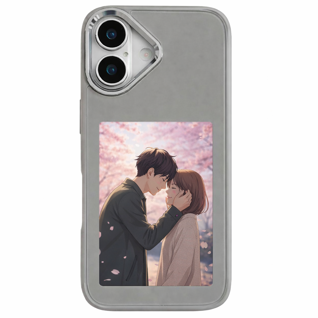 Grey iPhone 17 custom photo insert phone case featuring anime style picture, personalized protective case with photo window.