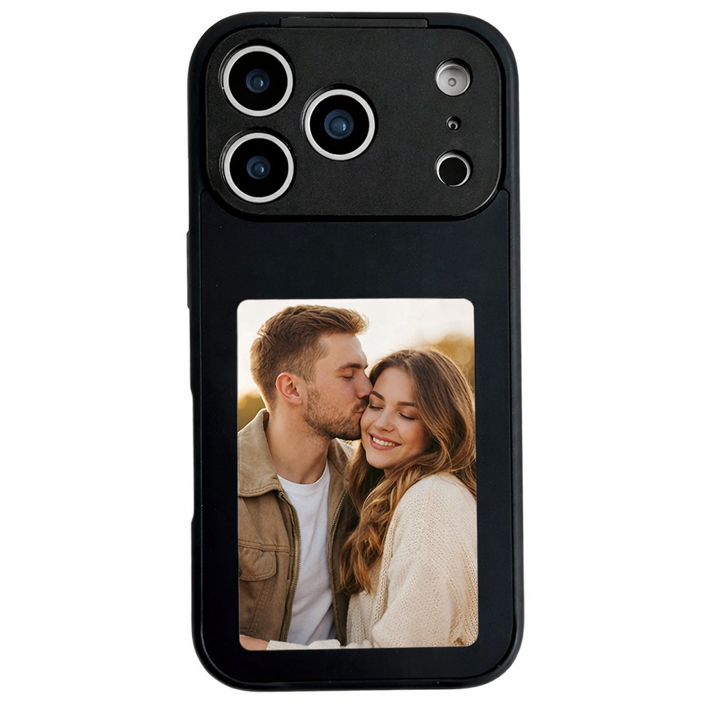 Black custom photo phone case for iPhone 17 Pro and iPhone 17 Pro Max with picture display window featuring a romantic couple photo and nfc powered.