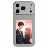 Gray custom photo phone case for iPhone 17 Pro and iPhone 17 Pro Max with picture display window showing romantic anime couple artwork.