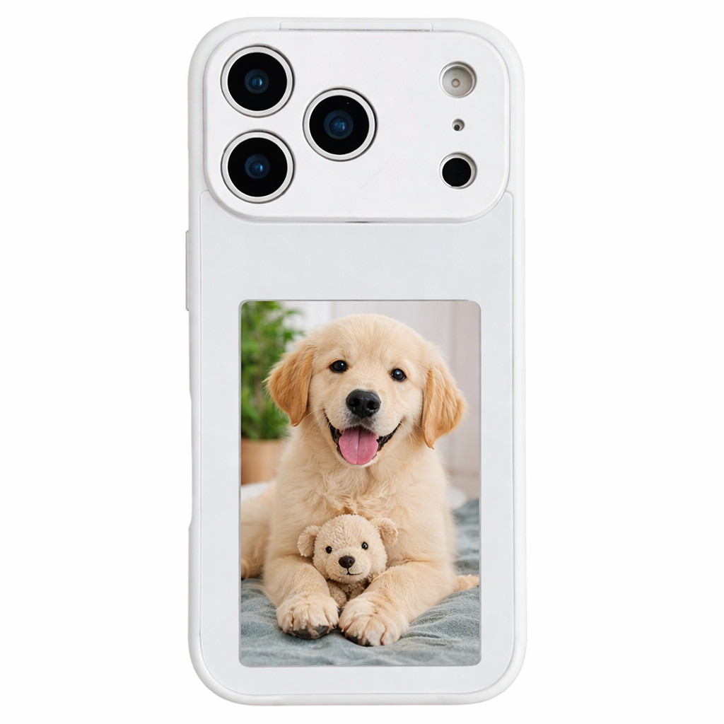 White personalized photo phone case for iPhone 17 Pro and iPhone 17 Pro Max with card holder window showing a cute golden retriever puppy picture.