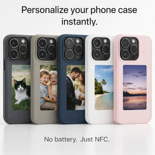 Custom NFC photo display phone case showing multiple color variants with personalized images – compatible with iPhone 13, 14, 15, 16, 17 Pro and Pro Max models
