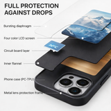 Layered protection design of NFC powered e-ink smart photo display phone case showing LCD screen, circuit board and shockproof case layers for iPhone 13 14 15 16  17 Pro and Pro Max