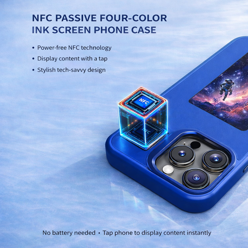 NFC passive four color e-ink screen phone case showing power free NFC technology that displays photos with a tap for iPhone 13 14 15 16 17 Pro and Pro Max