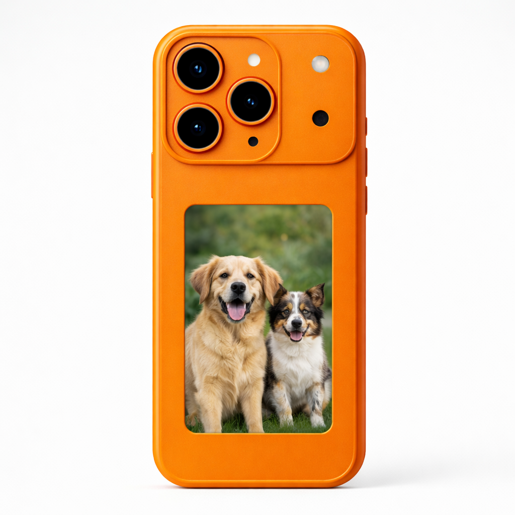 Orange NFC powered custom photo display iPhone case showing dog photo – compatible with iPhone 17 Pro and Pro Max models