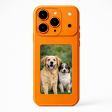 Orange NFC powered custom photo display iPhone case showing dog photo – compatible with iPhone 17 Pro and Pro Max models