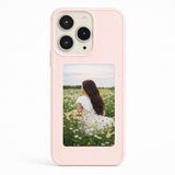Pink NFC smart photo display phone case showing flower field image – customizable case for iPhone 13, 14, 15, 16 Pro and Pro Max