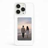 Light beige NFC powered custom photo display phone case showing beach photo – compatible with iPhone 13, 14, 15, 16 Pro and Pro Max