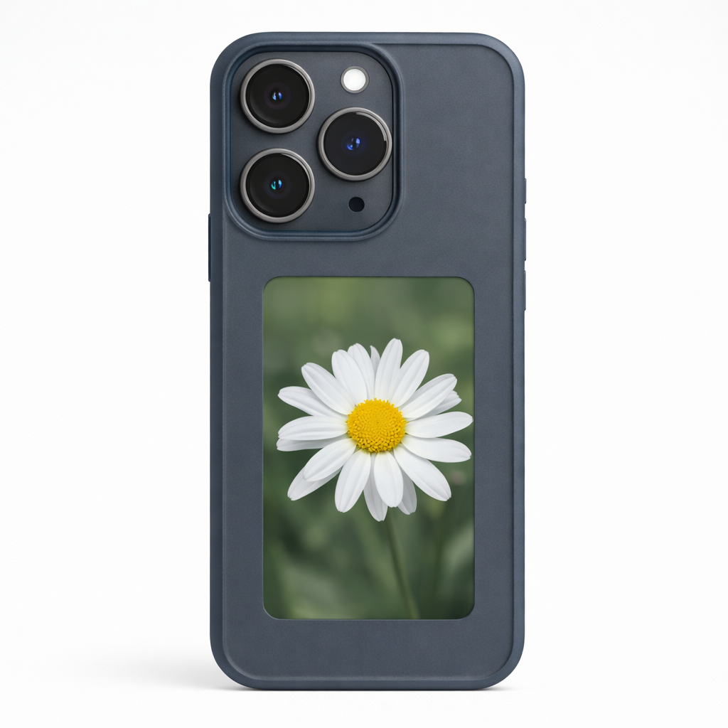 Black NFC smart photo display phone case with flower image – customizable picture case for iPhone 13, 14, 15, 16 Pro and Pro Max