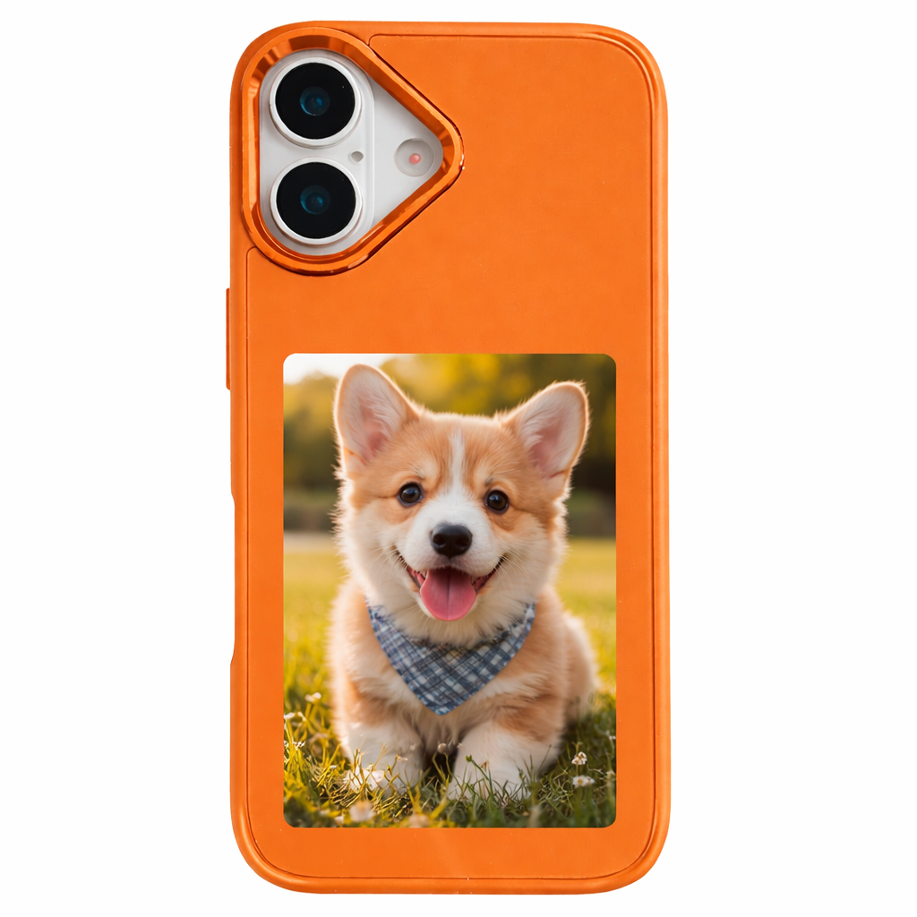 Orange iPhone 17 custom photo insert case featuring a cute pet picture, personalized protective phone case with photo display slot.