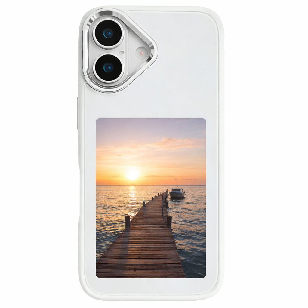 White iPhone 17 custom photo insert phone case with aesthetic sunset picture, personalized protective phone case for photos.