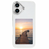 White iPhone 17 custom photo insert phone case with aesthetic sunset picture, personalized protective phone case for photos.